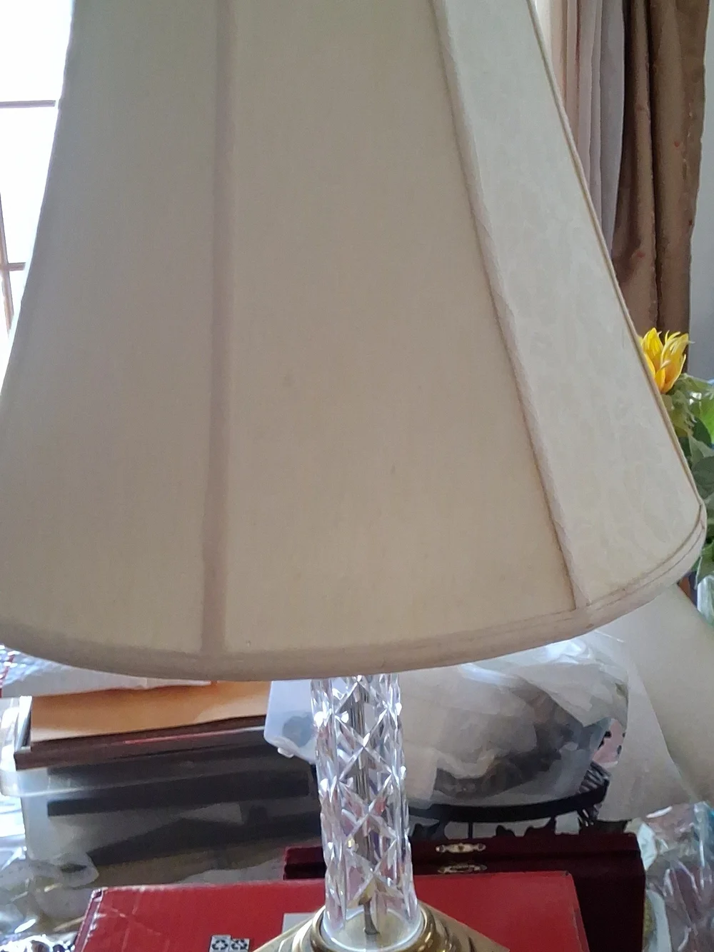 Clear Crystal Table Lamp with White Shade and Brass Base